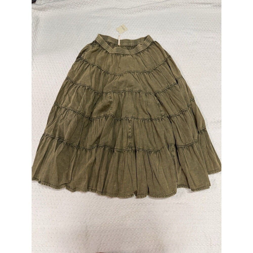 Free People Weeping Willow Army Green BOHO Tiered Skirt With Pockets NWT Size M